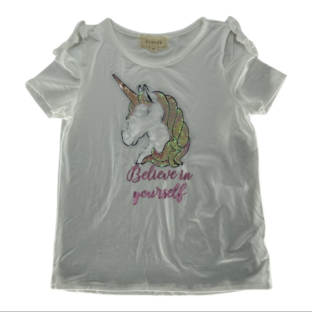 btween Unicorn Sequin Cold Shoulder Top Size 12 - Picture 3 of 8